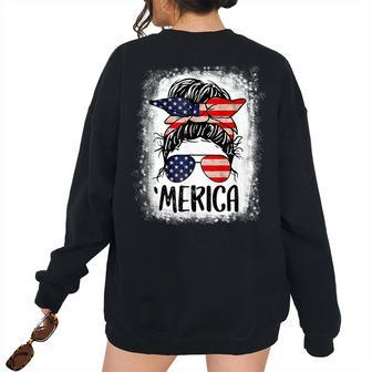 Merica 4Th Of July Usa Flag Girl Women Sunglasses Messy Bun Usa Women's Oversized Sweatshirt Back Print | Mazezy