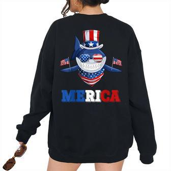 Merica Shark American Flag Indepedence Day July 4Th For Shark Lovers Women's Oversized Sweatshirt Back Print | Mazezy