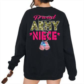 Proud Army Niece Us Flag Camo Dog Tags Pride Military Family Women's Oversized Sweatshirt Back Print | Mazezy