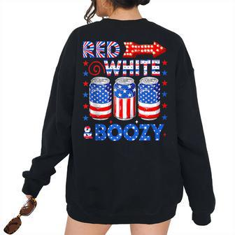 Red White & Boozy Summer Drinking 4Th Of July Usa Flag Drinking s Women's Oversized Sweatshirt Back Print | Mazezy