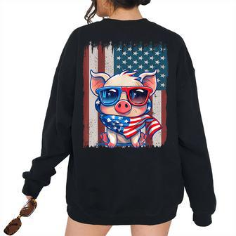 Retro American Flag Pig Dad Mom 4Th Of July Women's Oversized Sweatshirt Back Print | Mazezy