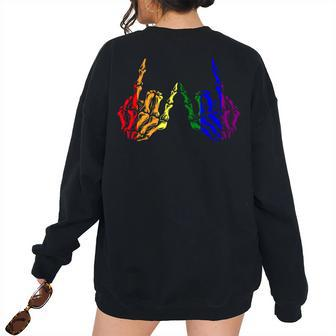 Skeleton Rock Hand Lgbt-Q Cool Rainbow Flag Gay Pride Ally Women Oversized Sweatshirt Back Print | Mazezy