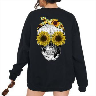 Skull Sunflower Floral Bandana Skeleton Head Women Oversized Sweatshirt Back Print | Mazezy