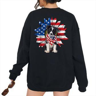 Sunflower American Flag Border Collie 4Th Of July Pratioctic Women's Oversized Sweatshirt Back Print | Mazezy