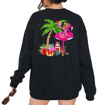 Tropical Pink Flamingo Christmas In July Summer Palm Tree Flamingo Women's Oversized Sweatshirt Back Print | Mazezy