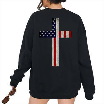 Vintage American Flag Christian Cross Usa Patriotic Patriotic Women's Oversized Sweatshirt Back Print | Mazezy