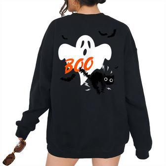 Vintage Halloween Ghost Trick Or Treat Black Cat Boo Halloween Women's Oversized Sweatshirt Back Print | Mazezy