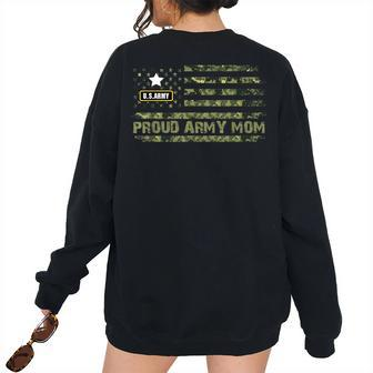 Vintage Proud Army Mom Camo American Flag Veteran Army Mom Women's Oversized Sweatshirt Back Print | Mazezy