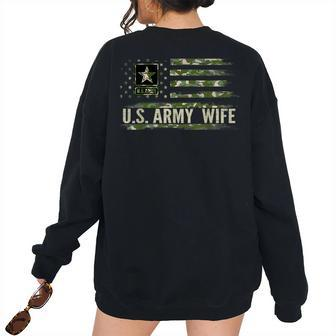 Vintage Us Army Wife With Camo American Flag Veteran Women's Oversized Sweatshirt Back Print | Mazezy