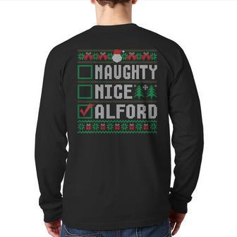 Alford Family Name Xmas Naughty Nice Alford Christmas List Back Print Long Sleeve T-shirt | Mazezy