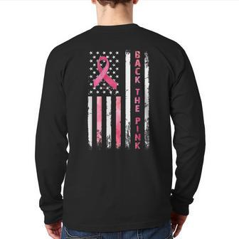 Back The Pink Ribbon American Flag Breast Cancer Warrior Back Print Long Sleeve T-shirt - Monsterry