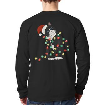 Black Cat Christmas Lights Cat Lover Xmas Pajama Back Print Long Sleeve T-shirt - Seseable