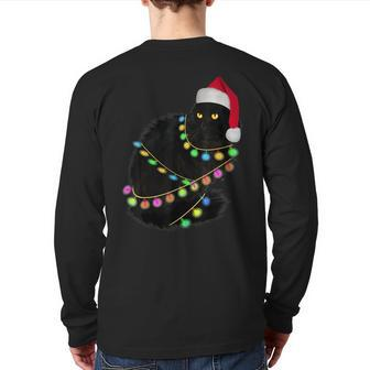 Black Cat Santa Hat Light Tree Ugly Christmas Sweater Back Print Long Sleeve T-shirt | Mazezy