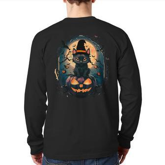 Black Cat With Witch Hat Candle And Scary Pumpkin Halloween Back Print Long Sleeve T-shirt - Seseable