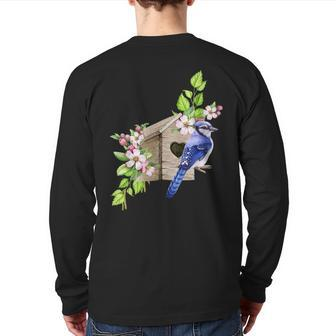 Blue Jay Bird Birdhouse And Pink Blossoms Bird Watching Back Print Long Sleeve T-shirt | Mazezy