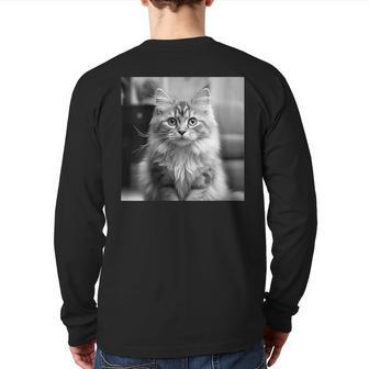 British Longhair Cat Cinematic Black And White Photography Back Print Long Sleeve T-shirt | Mazezy
