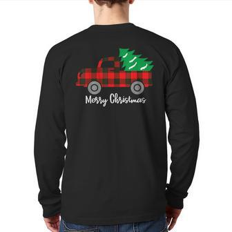 Buffalo Plaid Christmas Tree Red Truck Back Print Long Sleeve T-shirt | Mazezy