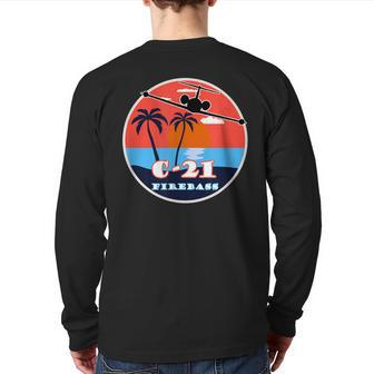 C-21 Learjet Firebass Vintage Sunset Back Print Long Sleeve T-shirt | Mazezy