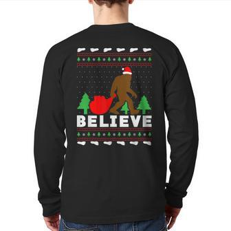 Christmas Believe Bigfoot Ugly Xmas Sweater Back Print Long Sleeve T-shirt | Mazezy