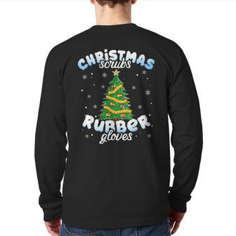 Christmas Scrubs Rubber Gloves Scrub Top Cute Tree Lights Back Print Long Sleeve T-shirt | Mazezy
