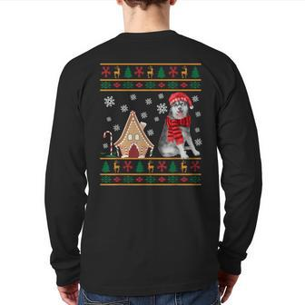 Christmas Ugly Sweater Siberian Husky Santa Hat Reindeers Back Print Long Sleeve T-shirt | Mazezy