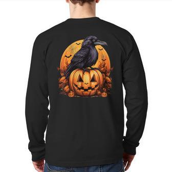 Crow Bird On Pumpkin Crow And Jack O Lantern Halloween Party Back Print Long Sleeve T-shirt | Mazezy
