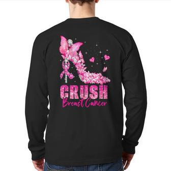 Crush Breast Cancer Awareness Month High Heel Pink Butterfly Back Print Long Sleeve T-shirt - Monsterry