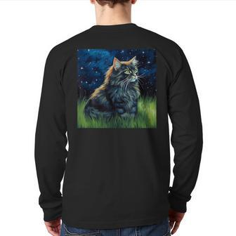 Cute Asian Semi-Longhair Cat In A Starry Sky Night Painting Back Print Long Sleeve T-shirt | Mazezy