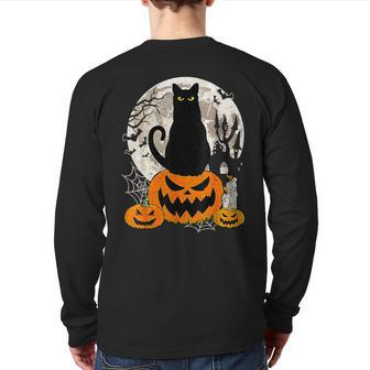 Cute Cat Black On Jack O' Lantern Retro Halloween Costume Back Print Long Sleeve T-shirt | Mazezy