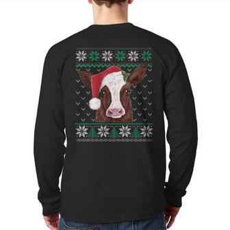 Cute Cow Christmas Ugly Sweater Style Pajama Xmas Cow Lover Back Print Long Sleeve T-shirt | Mazezy