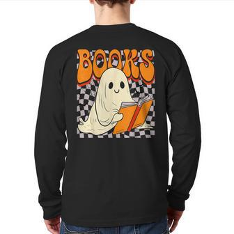 Cute Ghost Read Books Librarian Teacher Halloween Back Print Long Sleeve T-shirt - Monsterry