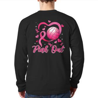 Cute Pink Out Volleyball Breast Cancer Awareness Pink Ribbon Back Print Long Sleeve T-shirt - Seseable