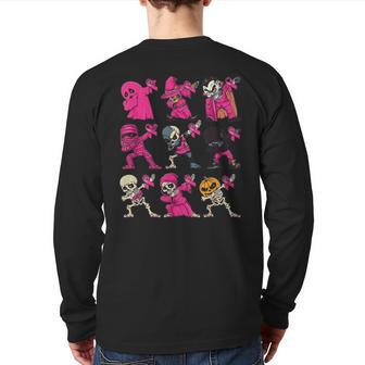Dabbing Halloween Skeleton Pumpkin Breast Cancer Awareness Back Print Long Sleeve T-shirt | Mazezy