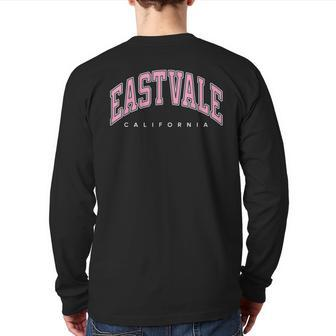 Eastvale California Ca Varsity Style Pink Text Back Print Long Sleeve T-shirt | Mazezy