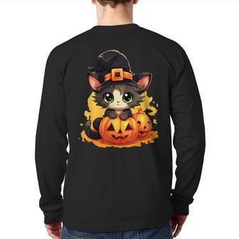 Fall Autumn Season Lazy Halloween Costume Kawaii Pumpkin Cat Back Print Long Sleeve T-shirt - Seseable