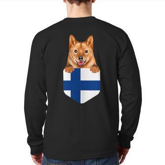 Finland Flag Finnish Spitz Dog In Pocket Back Print Long Sleeve T-shirt | Mazezy