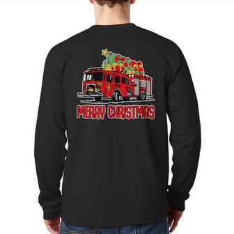 Firetruck Santa Sleigh Fireman Christmas Firefighter Back Print Long Sleeve T-shirt | Mazezy