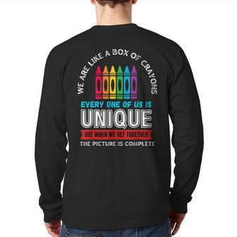 First Day Back To School We Are Like Box Of Crayons Teacher Back Print Long Sleeve T-shirt - Seseable