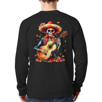 Floral Guitar Dia De Los Muertos Cute Mariachi Day Of Dead Back Print Long Sleeve T-shirt - Seseable