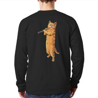 Cat Playing Oboe Cool Animal Pipe Musician Love Back Print Long Sleeve T-shirt | Mazezy