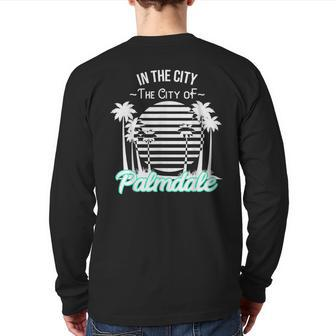 Palmdale California Tropical Palm Tree Sunset Back Print Long Sleeve T-shirt | Mazezy