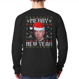 Santa Joe Biden Happy New Year Ugly Christmas Sweater Back Print Long Sleeve T-shirt | Mazezy