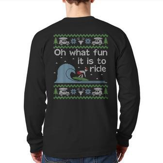 Ugly Sweater Christmas Surfing Surfer Surf Board Back Print Long Sleeve T-shirt | Mazezy