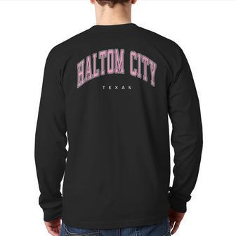 Haltom City Texas Tx Varsity Style Pink Text Back Print Long Sleeve T-shirt | Mazezy