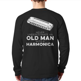 Harmonicist Never Underestimate An Old Man With Harmonica Back Print Long Sleeve T-shirt - Seseable