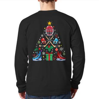 Ice Hockey Christmas Ornament Tree Boys Hockey Lovers Back Print Long Sleeve T-shirt - Seseable