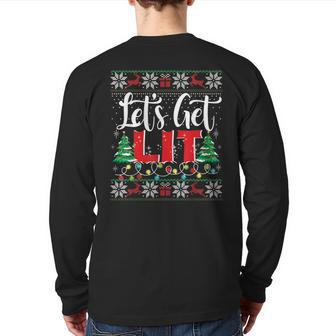 Let's Get Lit Christmas Lights Ugly Sweater Xmas Drinking Back Print Long Sleeve T-shirt | Mazezy