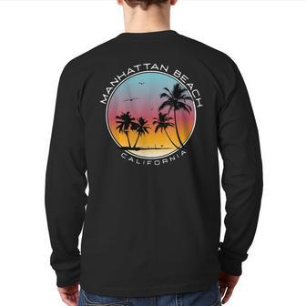 Manhattan Beach California Sunset Palm Tree Back Print Long Sleeve T-shirt | Mazezy