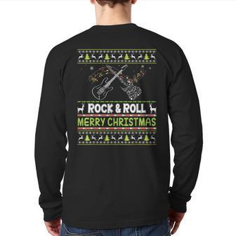 Merry Christmas Rock And Roll Electric Guitar Ugly Sweater Back Print Long Sleeve T-shirt | Mazezy