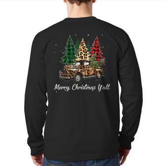 Merry Christmas Y'all Leopard Truck Buffalo Plaid Xmas Tree Back Print Long Sleeve T-shirt | Mazezy